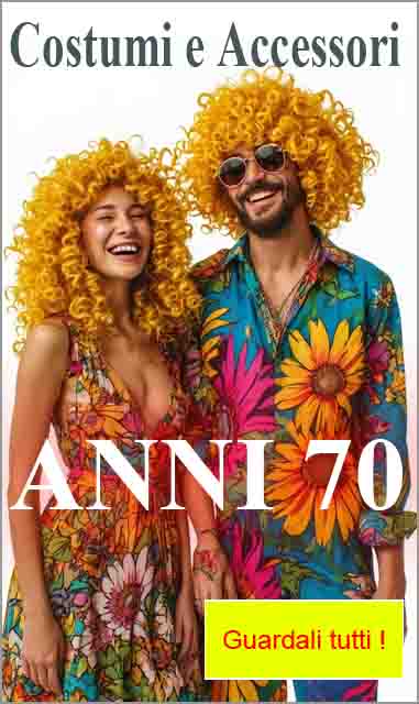la foto mostra due costumi anni 70 hippie da uomo e da donna